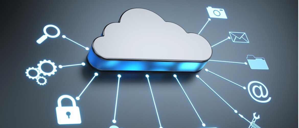 Ícone de nuvem com diversos ícones digitais conectados a ele.